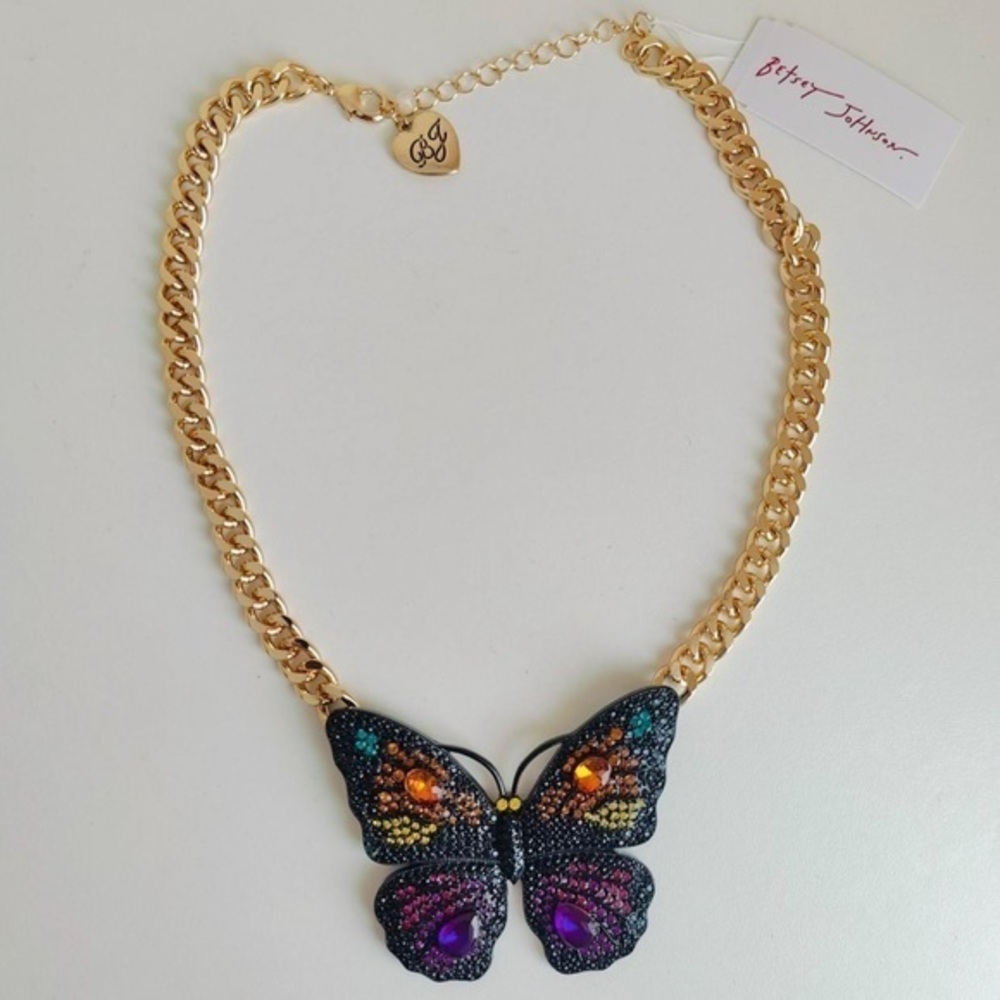 Betsey Johnson Rhinestoned Large Black Butterfly Statement Necklace